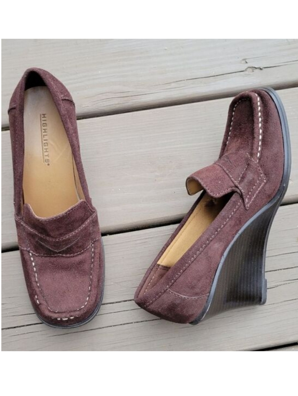 Vintage 90s y2k Brown Faux Vegan Suede Wedge Heel Square Toe Punk Penny Loafers